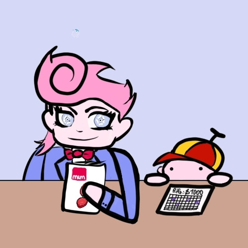 Dibujo digital coloreado. Harvey Harvington y su hijo en un stand te quieren vender maquillaje de una MLM y números de rifa (a 1000 c/u).